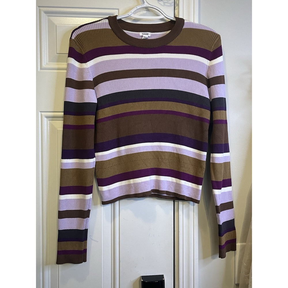 Coquette Garage XL Striped Knit Sweater Long Sleeve Ribbed Brown Purple Grunge